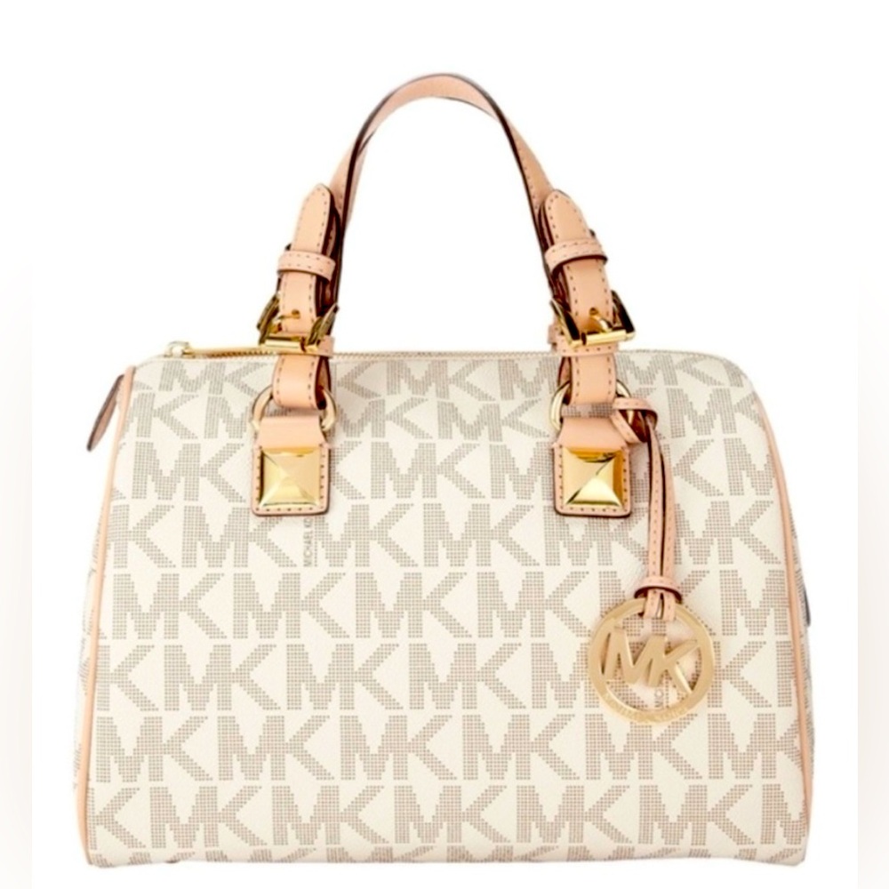 Michael Kors Beige Logo Satchel with Pink-Tan Trim and Gold Hardware